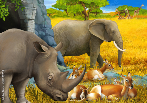 cartoon scene with rhino rhinoceros antelope and elephant on the meadow illustration for children