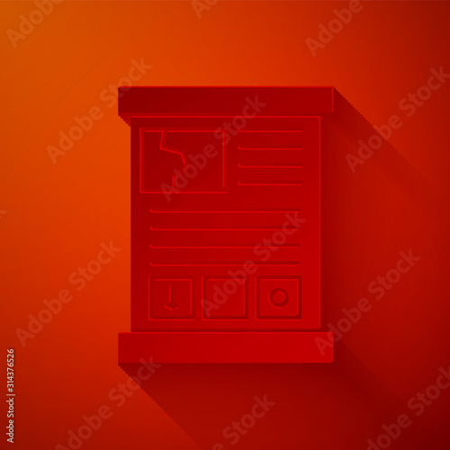 Paper cut Game guide icon isolated on red background. User manual, instruction, guidebook, handbook. Paper art style. Vector Illustration