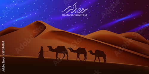 beautiful background on the desert with silhouette of camel traveling at the night