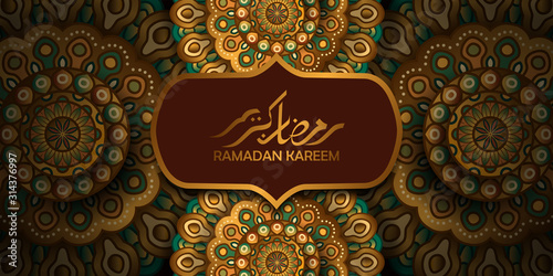 holy fasting month for muslim mosleem. islamic event ramadan kareem greeting card. Beautiful illustration of mandala motif pattern with golden color and arabic calligraphy photo