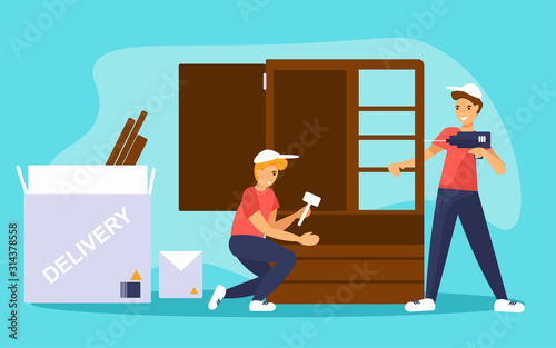 Furniture assembly service. Two workers with screwdriver and hammer assembling a cupboard. Vector illustration.