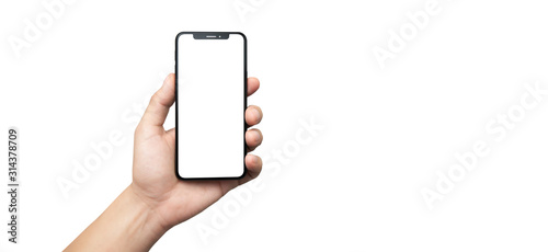 concept - cell phone in hand with white background - easy modification photo