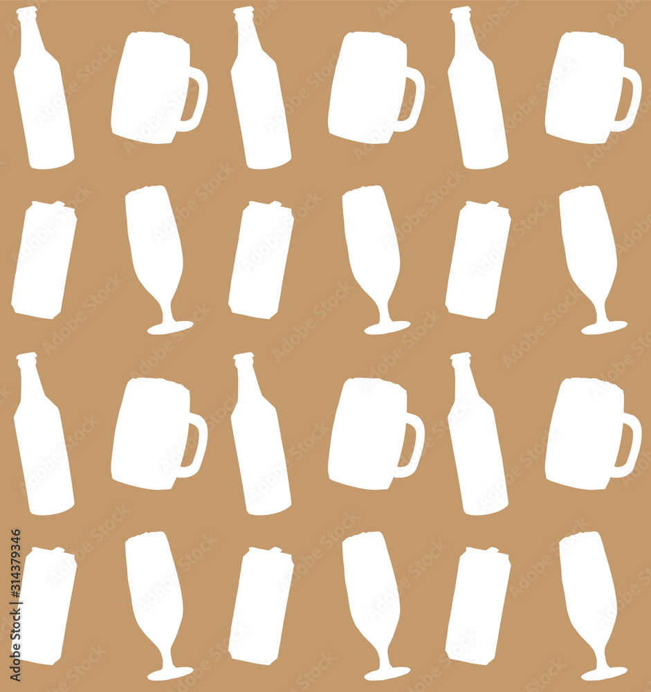 Vector seamless pattern of white different beer bottle and glasses silhouette isolated on craft beige background