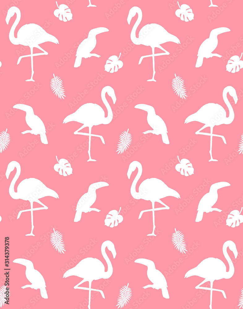 Vector seamless pattern of flamingo and toucan silhouette isolated on pink background