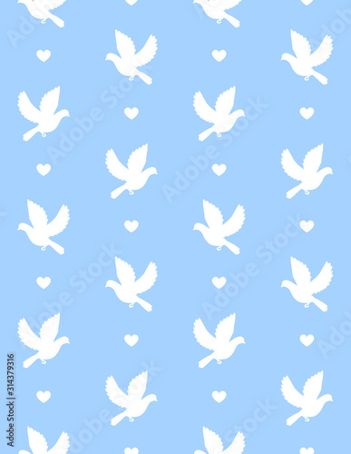 Vector white flying dove silhouette isolated on blue background