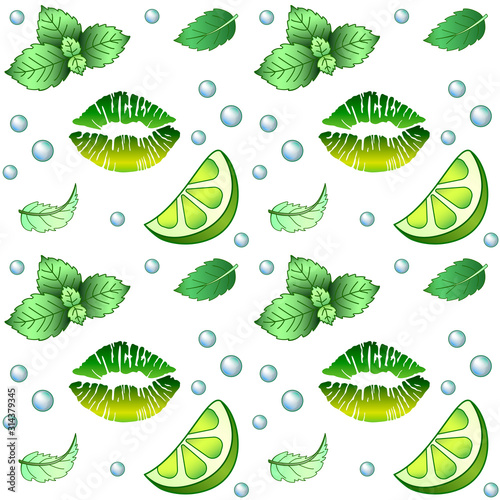 Mojito - seamless pattern. White Background with green elements - mint, lime, bulbs and lip print painted with green lipstick - a refreshing bright vector print. Green lipstick and summer drink 
