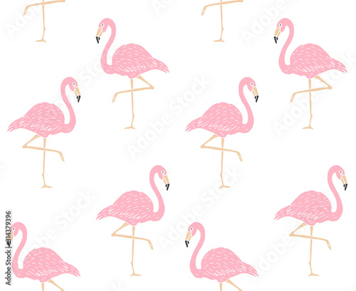 Vector seamless pattern of hand drawn doodle sketch pink flamingo isolated on white background