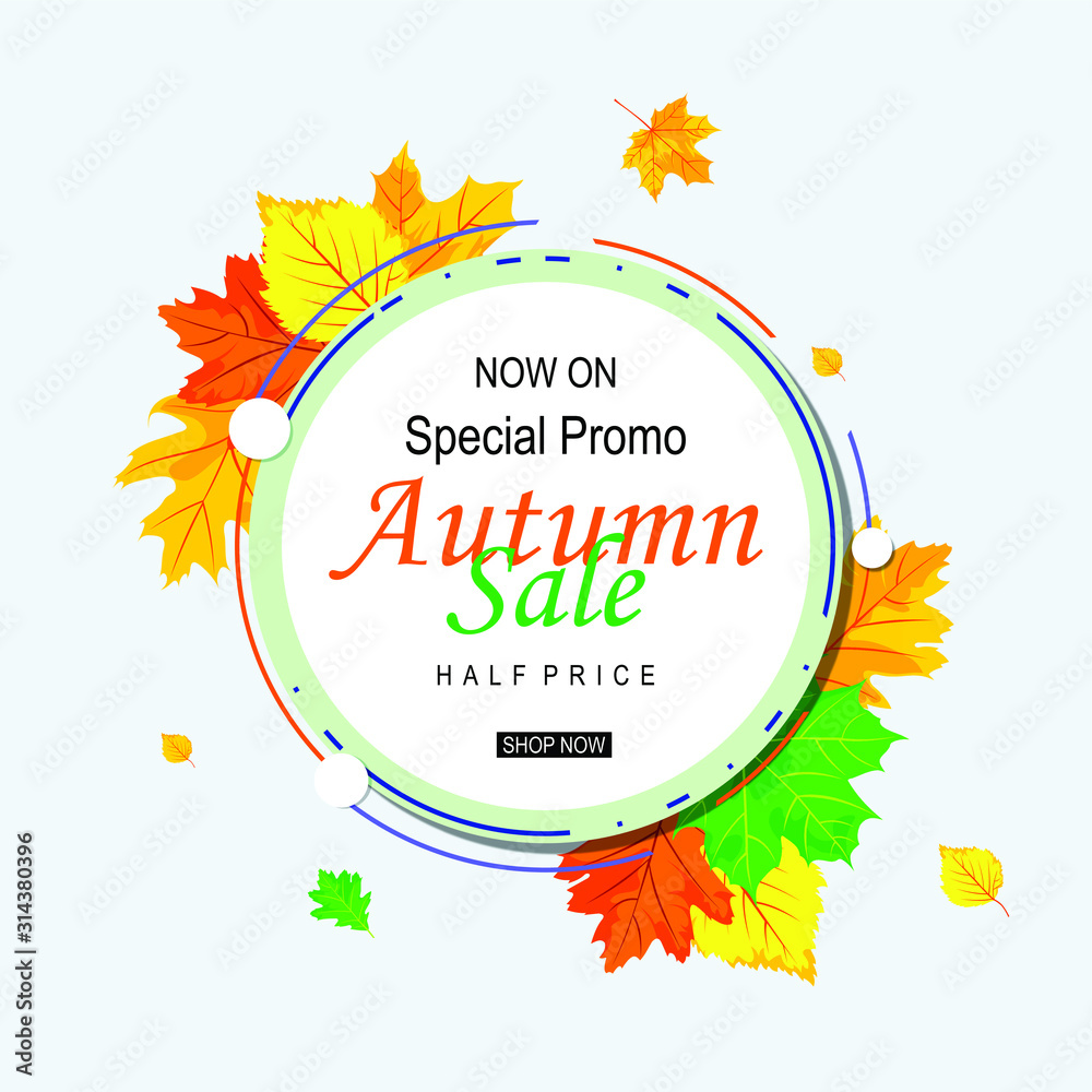 Autumn sale vector banner design, label, ribbon, colorful leaves background for sale discount and promo.