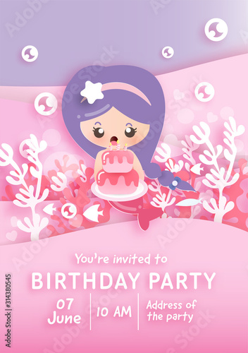 Birthday party invitation card template with cute little mermaid under the ocean .