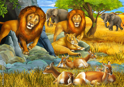 Fototapeta Naklejka Na Ścianę i Meble -  cartoon scene with elephant antelope and lion on the meadow resting illustration for children
