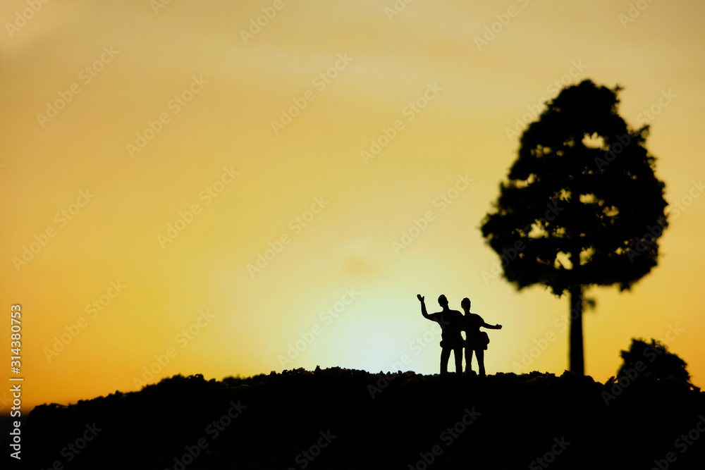 miniature people / toy photography - conceptual valentine holiday illustration. Happy couple holding each other enjoying sunset view under a big tree