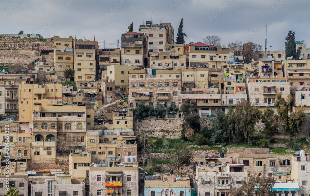 Buildings on a steep hill in the center of Amman, Jordan