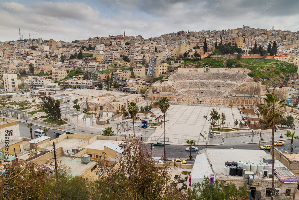 Aerial view of Amman downtown with the Roman Theatre, Jordan.
