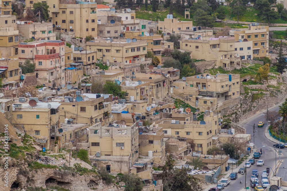 Houses on a steep slope in Amman, Jordan.