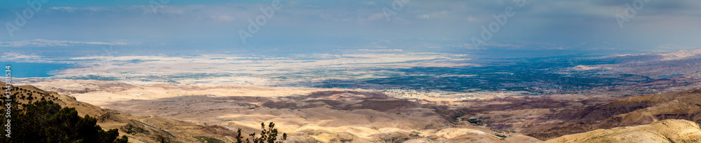 Landscape of the Holy Land and the Dead Sea as viewed from the Mount Nebo, Jordan