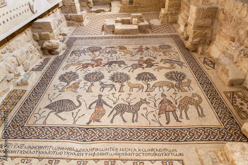 MOUNT NEBO, JORDAN - MARCH 21, 2017: Mosaics in the Moses Memorial church at the Mount Nebo mountain.