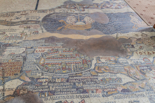 MADABA, JORDAN - MARCH 21, 2017: Famous mosaics map in the Saint George church in Madaba, Jordan