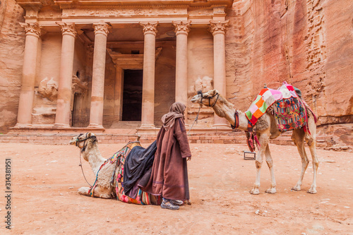 PETRA, JORDAN - MARCH 23, 2017: Camels in front of the Al Khazneh temple (The Treasury) in the ancient city Petra, Jordan