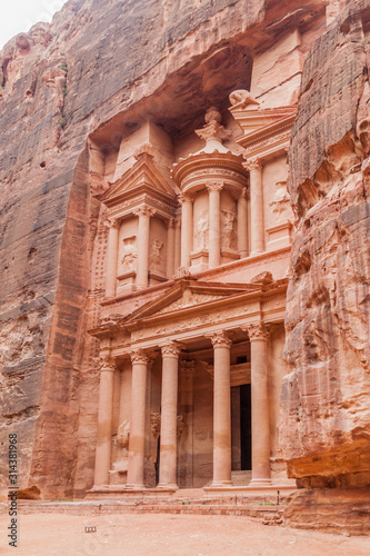 Camels in front of the Al Khazneh temple (The Treasury) in the ancient city Petra, Jordan