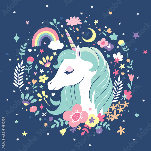 Vector illustration of a magical unicorn with flowers background.