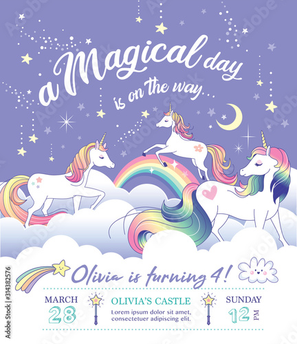 Birthday party invitation card template with a beautiful unicorns on the clouds