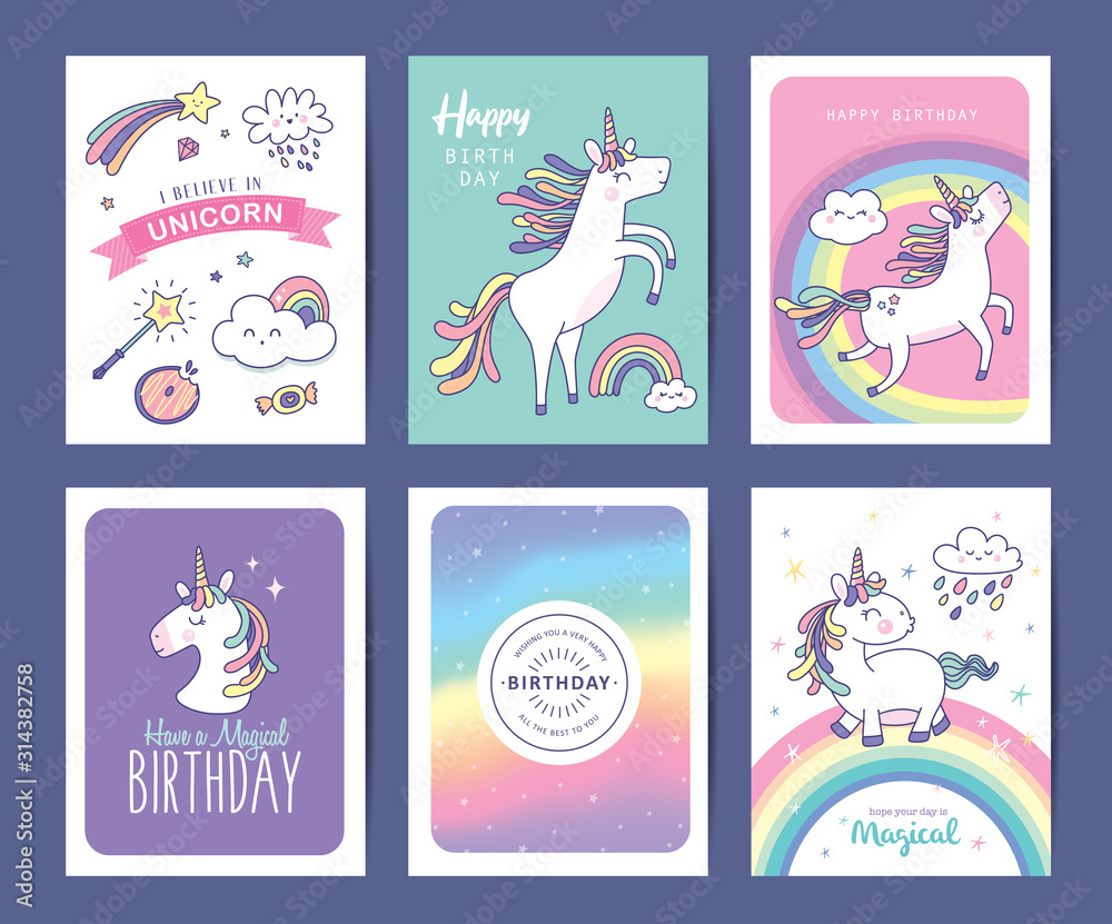 Plakat Set of birthday greeting cards with cute unicorns, rainbow and magical elements