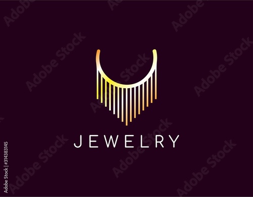 Unique and Luxury Logo of Jewelry with Modern Concept. Design with Lovely Necklace in Gold Color Isolated on Black Background. Suitable for Jewellery Store Symbol. Vector Illustration