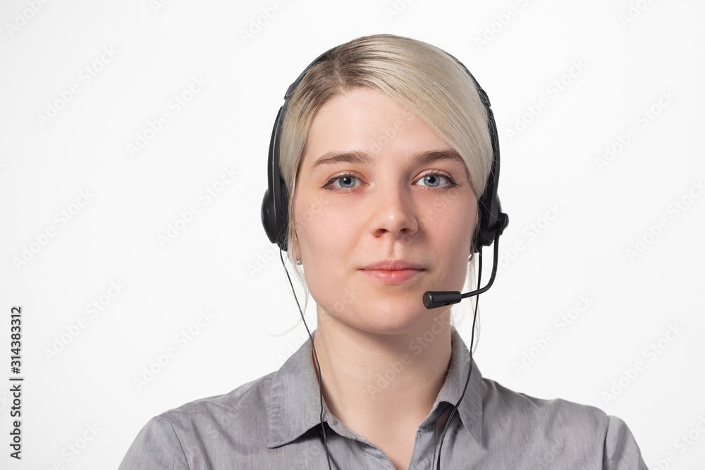 Woman working at call center calling with smile isolated over white background with large area for your text. Woman working at call center calling with smile isolated over white background with large area for your text.