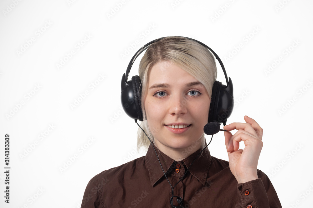 Support phone operator in headset, isolated on white. Support phone operator in headset, isolated on white.