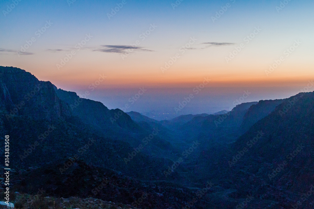 Sunset at Wadi Dana canyon in Dana Biosphere Reserve, Jordan Sunset at Wadi Dana canyon in Dana Biosphere Reserve, Jordan