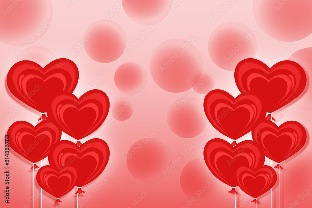 Background illustration Valentine's Day,heart shaped balloons with bokeh on red background