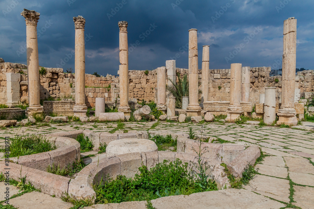 Ruins of Agora in the ancient city Jerash, Jordan