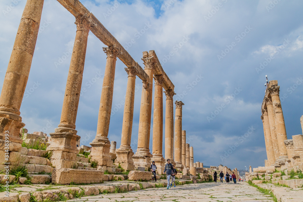 JERASH, JORDAN - APRIL 1, 2017: Cardo Maximus street in the ancient city Jerash, Jordan