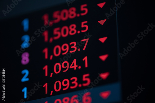 Stock market exchange graph price drop with red numbers investment lose of business financial digital background - charts stock crash crisis fall risk decreasing arrow down trend sell