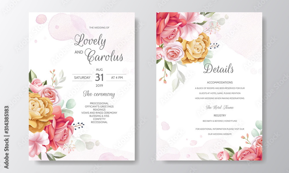 Elegant watercolor wedding invitation card template set with beautiful floral and leaves