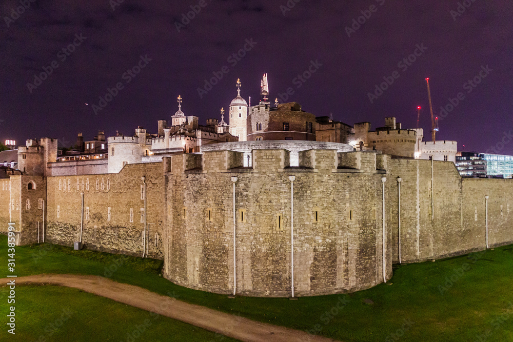Night view of Tower of  London castle, United Kingdom