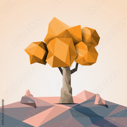 3D orange polygonal tree in the mountains with heat, vector illustration