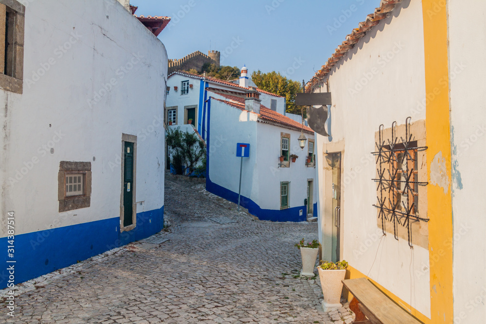 Narrow cobbled street in Obidos village, Portugal