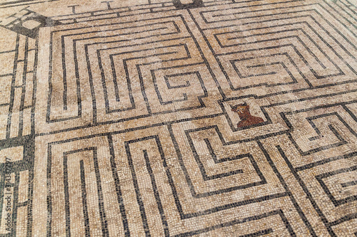 Mosaic representing the labyrinth with the Minotaur in Conimbriga Roman ruins, Portugal
