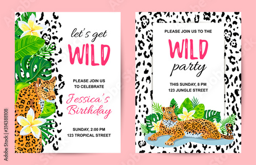 Leopards with tropical leaves, flowers, wild party invitations set. Place for text. Vector illustration for flyer, birthday, tropical party, banner, poster.