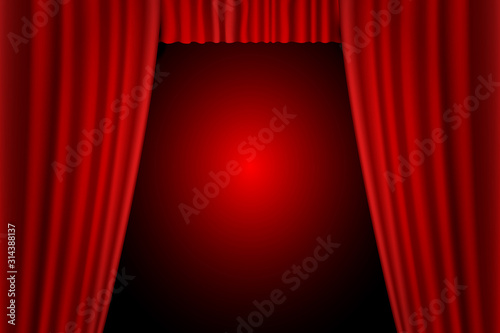 Red curtain open scenes and colorful background lights on stage, vector illustration