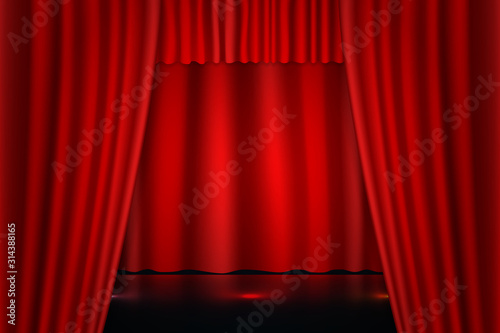 Red curtains open on stage with colorful lights, vector illustration.