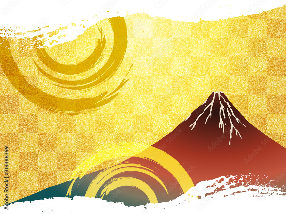赤富士と筆跡のイラスト 金屏風イメージ背景テクスチャ Stock イラスト Adobe Stock