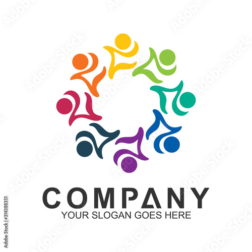 community care vector, people group, social relationship icon, charity symbol, human caring, kids and adoption logo, people teamwork, colorful and circular people logo design template
