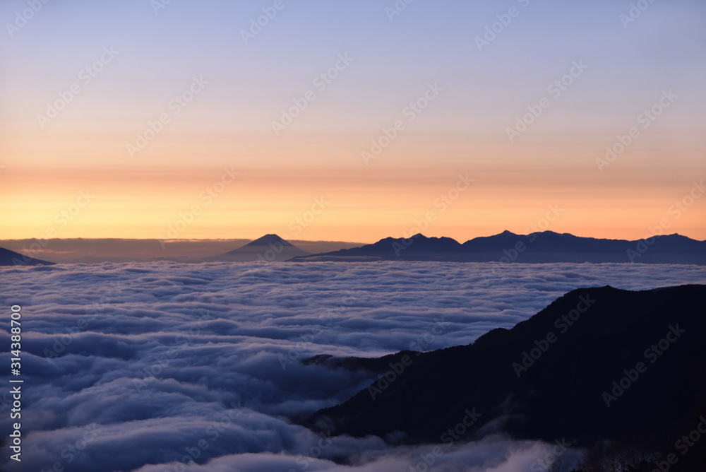 early morning sunrise and mt. Fuji over the sea of clouds, Nagano, mt.Tsubakurodake, Japan