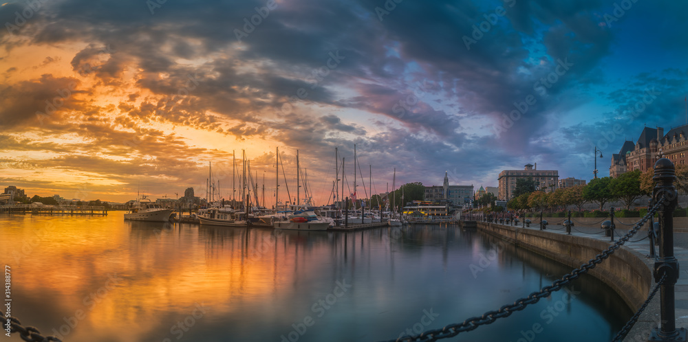 Panorama shot of colorful dusk at Victoria Harbor