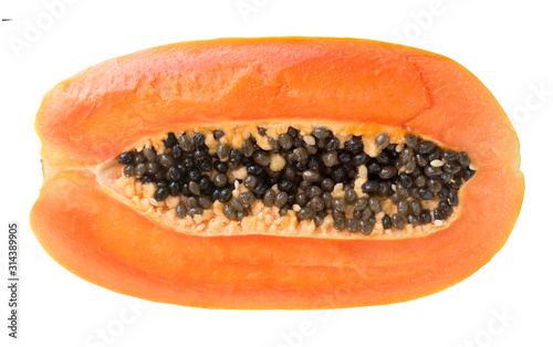 Fresh cut papaya with black seeds isolated on white background