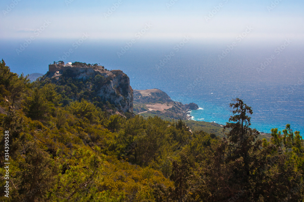 beautiful view of the sea and mountains on the island of Rhodes