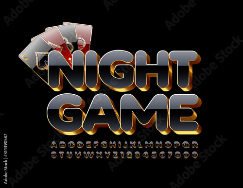 Vector chic Emblem Night Game. Luxury Black and Gold 3D Font. Stylish Alphabet Letters and Numbers.