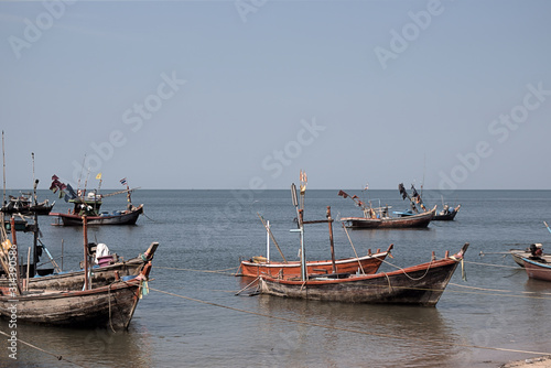 A view of Traditional Thai fishing boats at anchor Bang Sean port